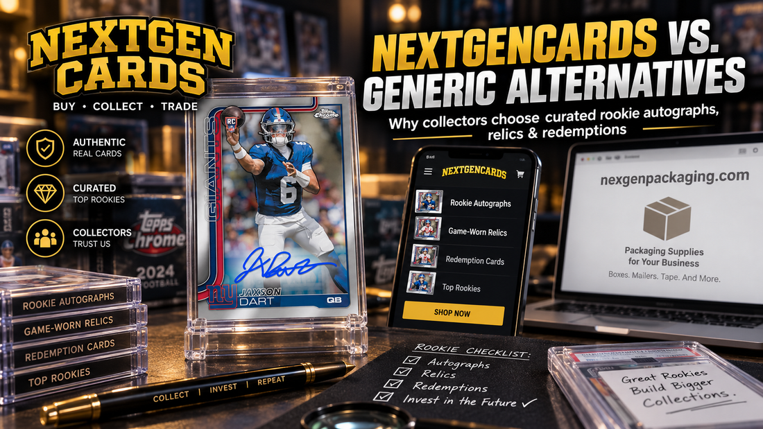 Next Gen Cards comparison featuring a Jaxson Dart Topps Chrome rookie autograph card, curated sports-card listings, and a generic packaging website.