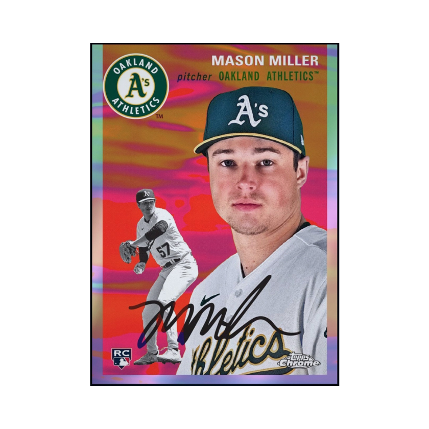 Front of 2023 Mason Miller Topps Chrome Platinum Anniversary autograph rookie card.