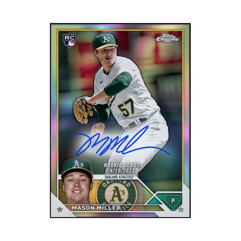 Front of 2023 Mason Miller Topps Chrome Update Series chase autograph rookie card