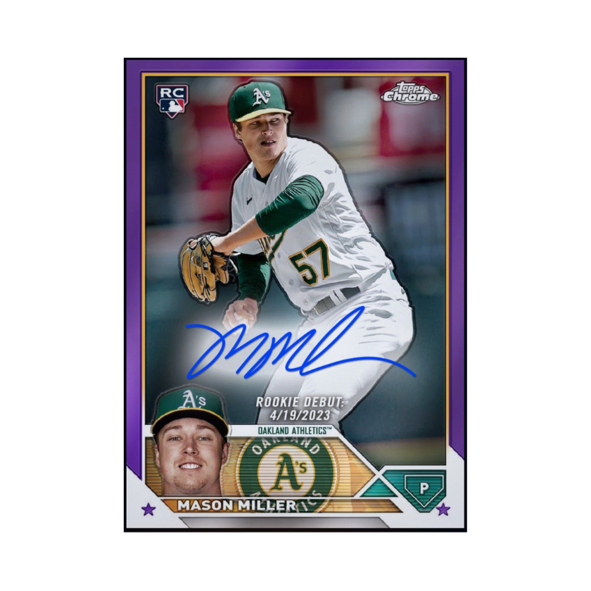 Front of 2023 Mason Miller Topps Chrome Update Series Purple Chase autograph rookie card.