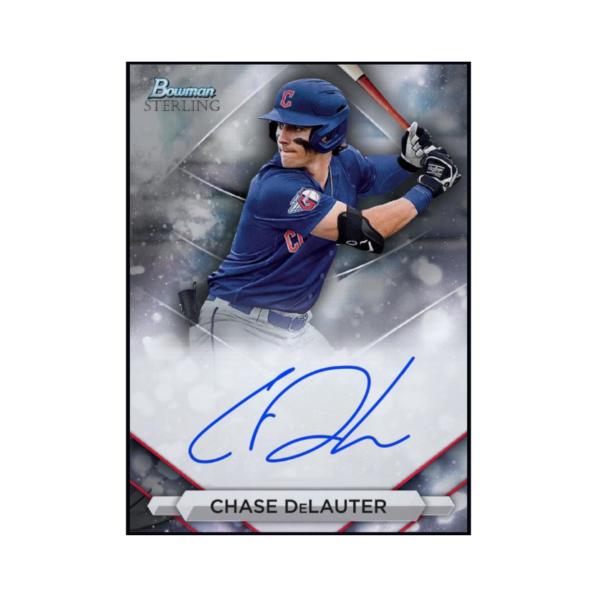 Front of 2024 Chase DeLauter Topps Bowman Sterling prospect autograph redemption card.