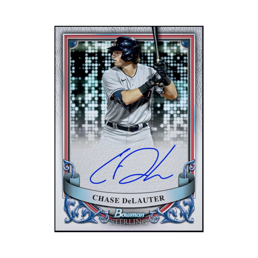 Front of 2024 Chase DeLauter Topps Bowman Series 1 prospect autograph redemption card.