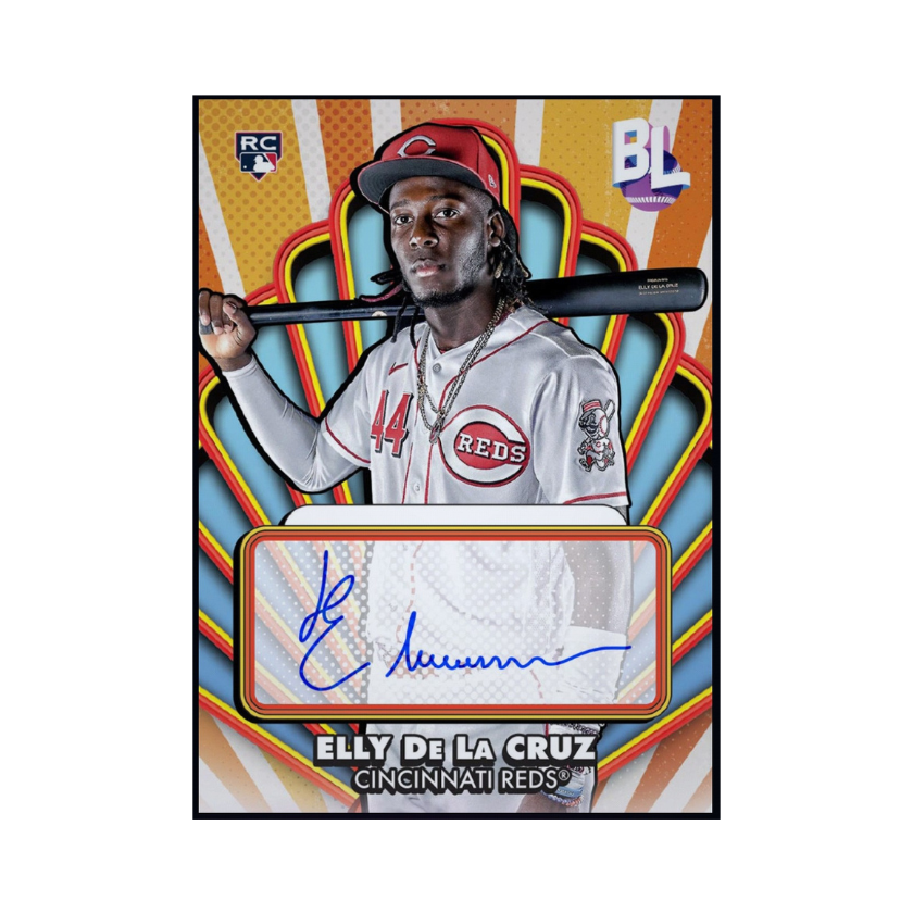 Front of 2024 Elly De La Cruz Topps Big League autograph rookie redemption card.