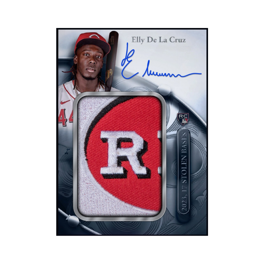Front of 2024 Elly De La Cruz Topps Sterling rookie patch autograph redemption card.