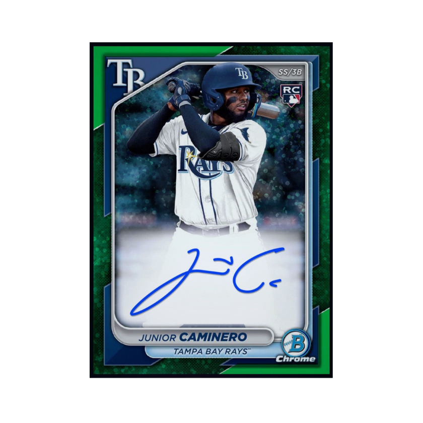 Junior Caminero featured on a 2024 Topps Bowman Chrome Green signature rookie card.
