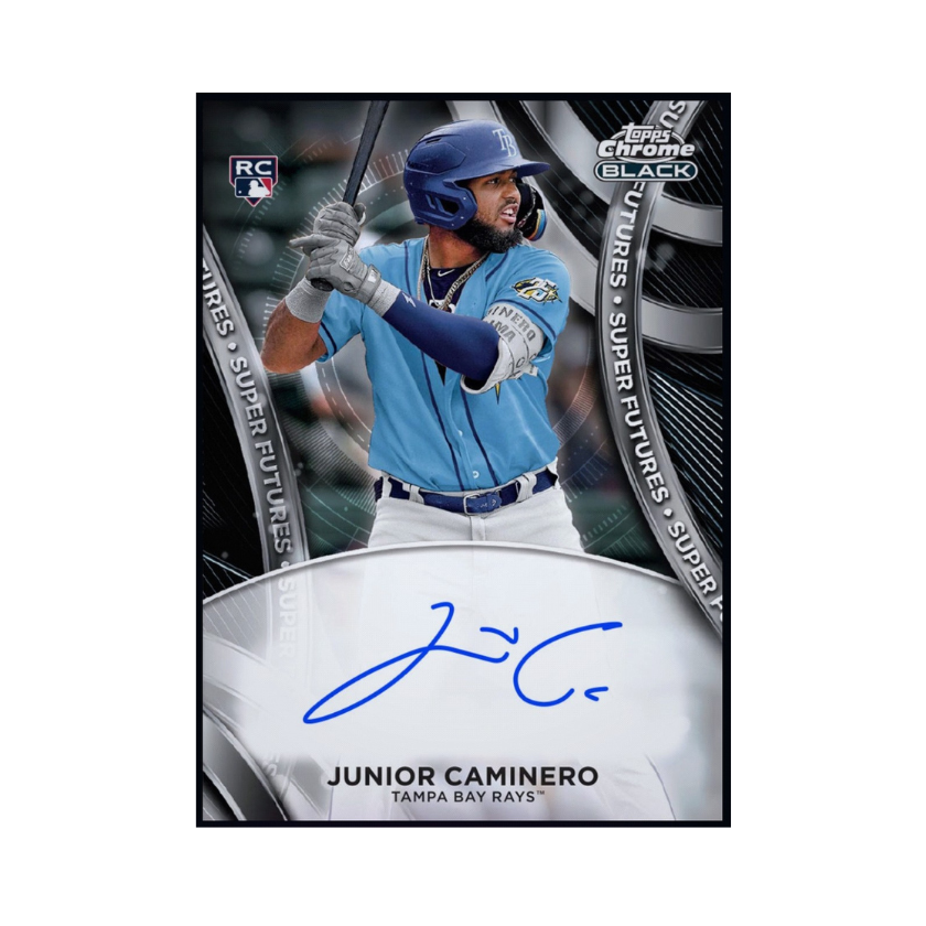 Junior Caminero featured on a 2024 Topps Black Super Futures signature rookie card.
