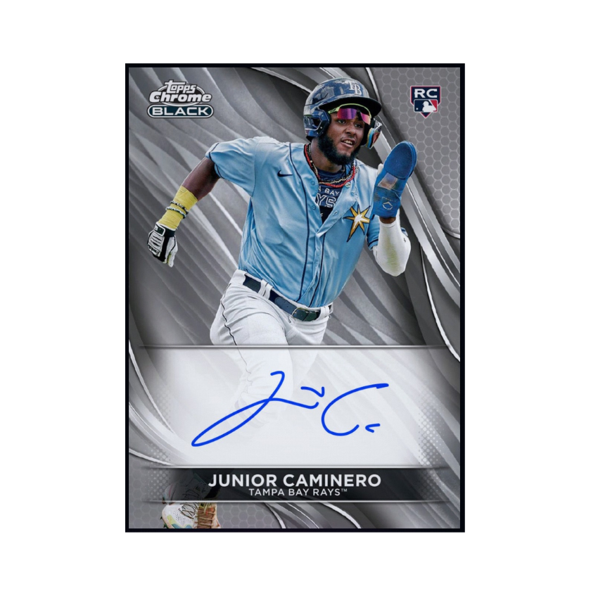 Junior Caminero featured on a 2024 Topps Chrome Black signature rookie collectible available through a physical redemption card.