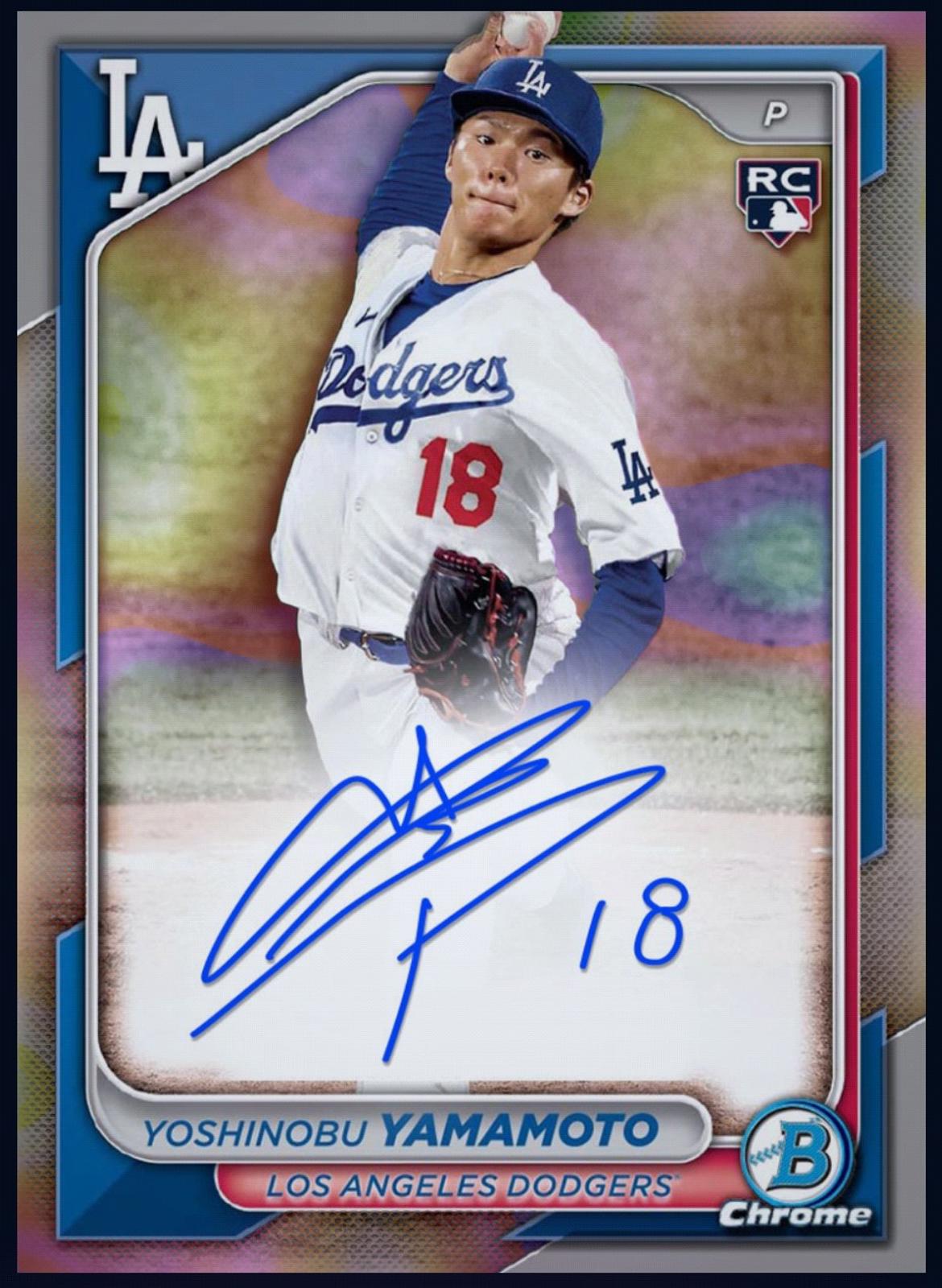 Next Day Free Shipping Rare 2024 Yoshinobu Yamamoto Topps Bowman Chrome Refractor Autograph Rookie RC Card – Authentic Topps Collectible for Fans & Collectors