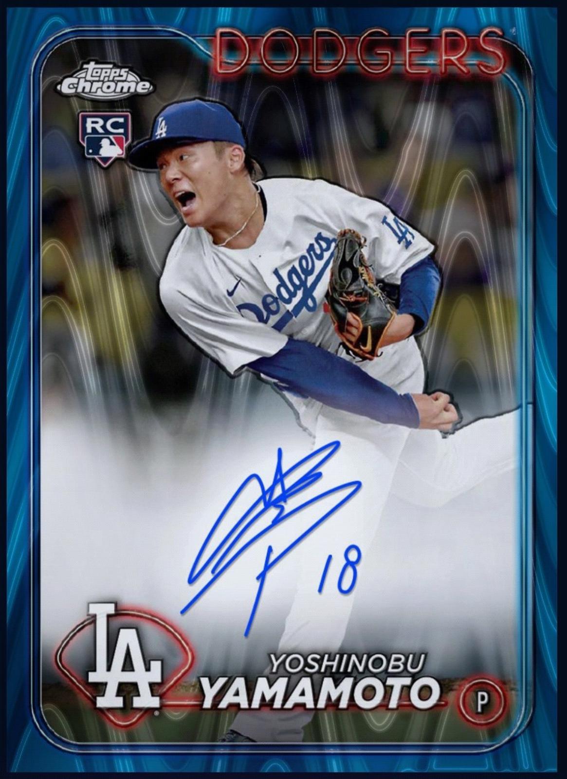 Next Day Free Shipping Rare 2024 Yoshinobu Yamamoto Topps Chrome Blue Wave Autograph Rookie RC Card – Authentic Topps Collectible for Fans & Collectors