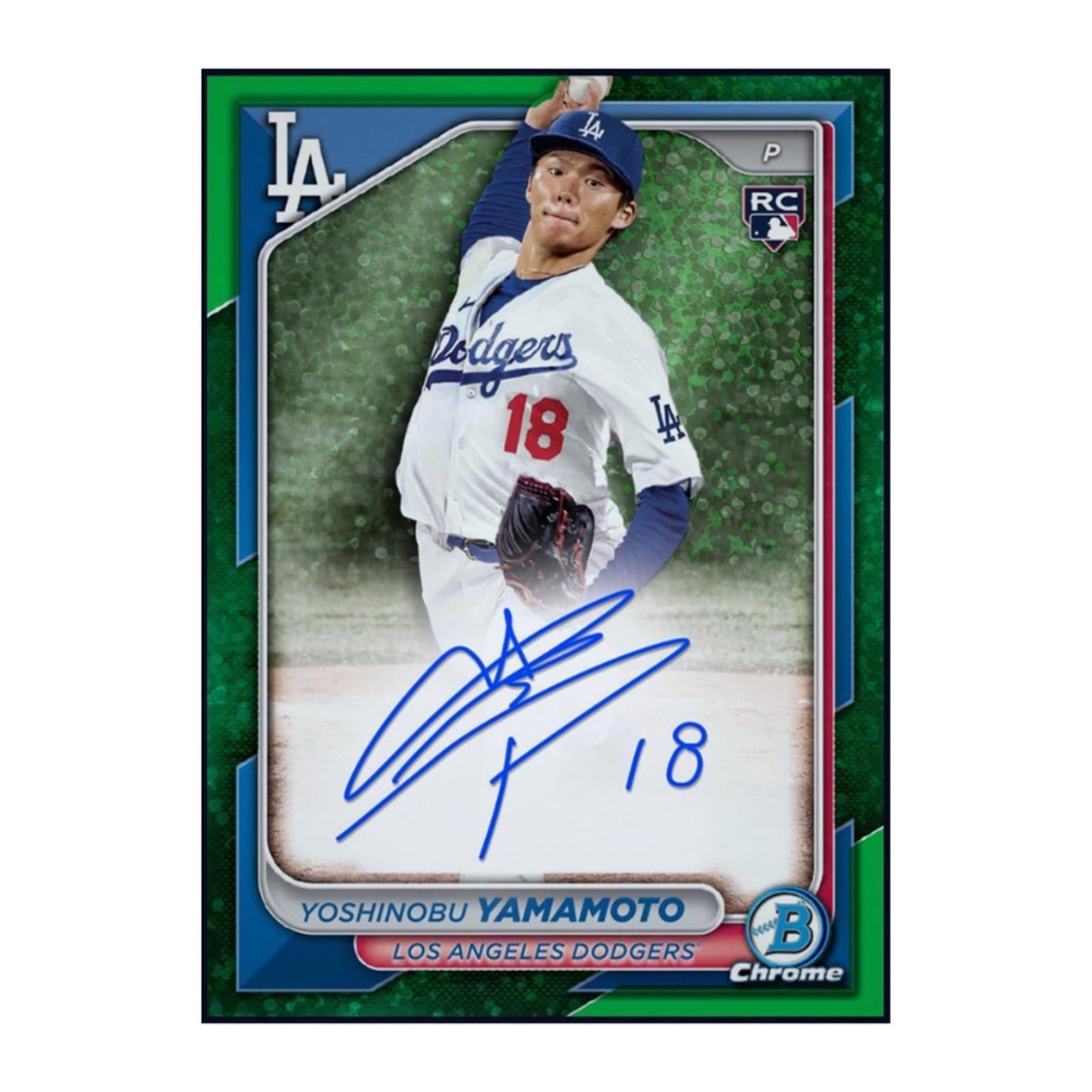 Next Day Free Shipping Rare 2024 Yoshinobu Yamamoto Topps Bowman Chrome Green Autograph Authentic MLB Collectible Shipped From USA.