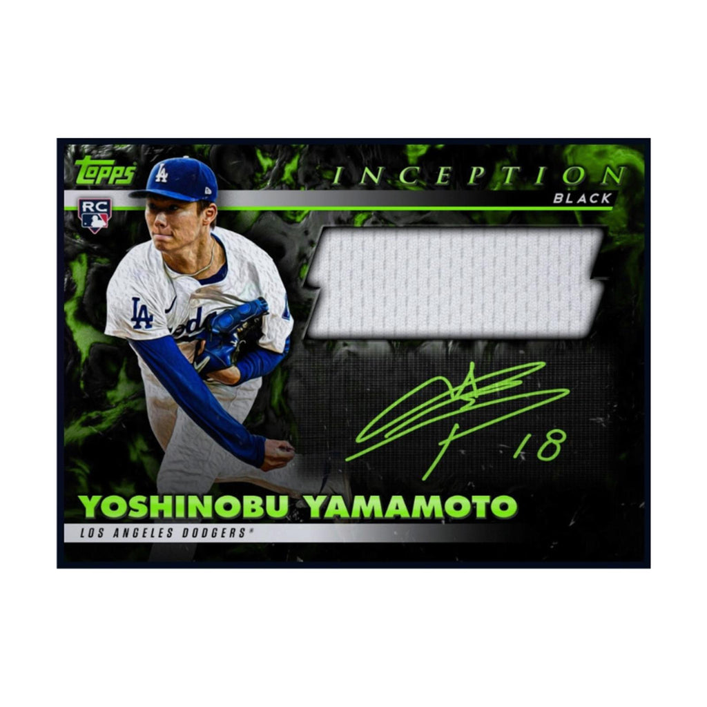 2024 Topps Inception Black Rookie Patch Autograph Card featuring Yoshinobu Yamamoto of the Los Angeles Dodgers