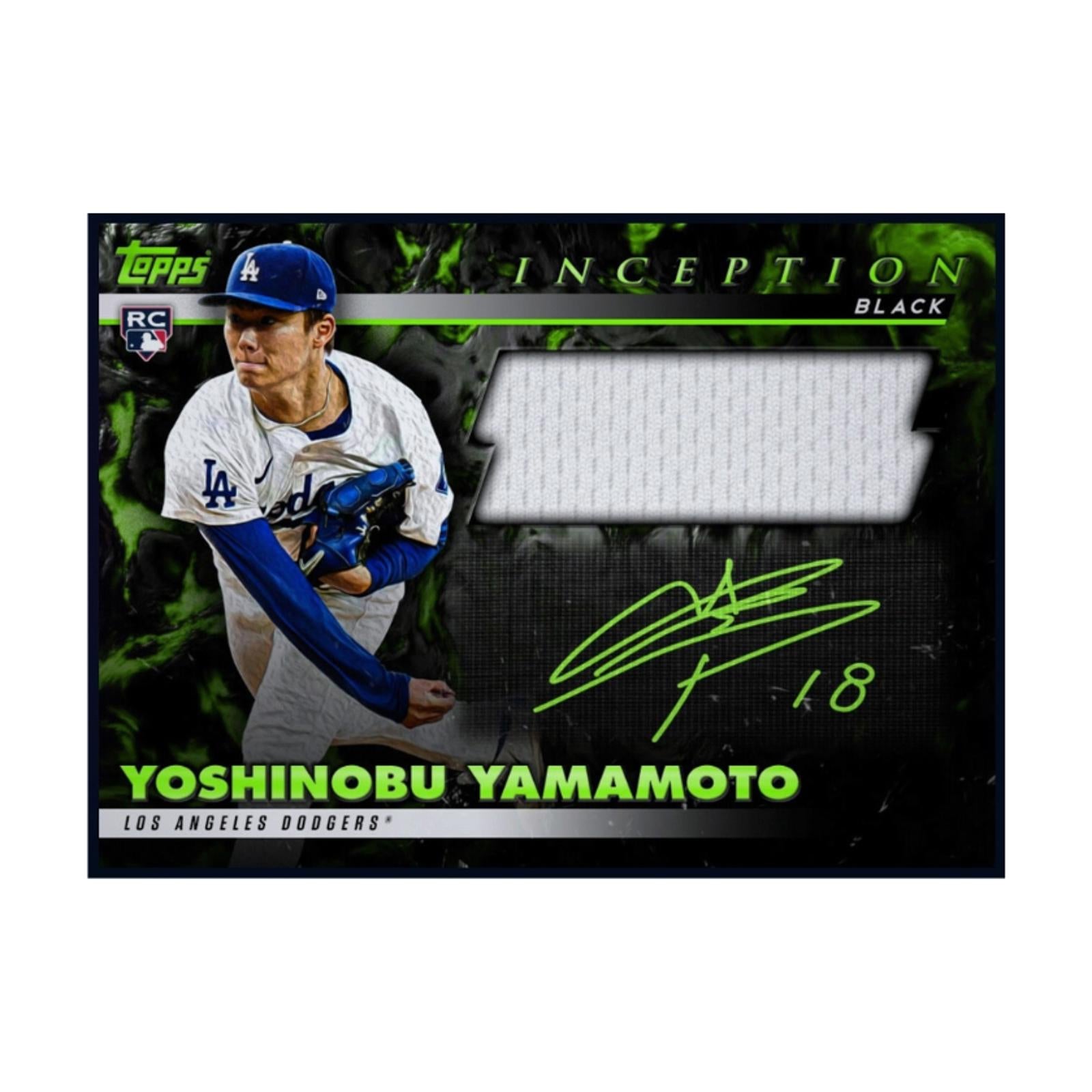 2024 Topps Inception Black Rookie Patch Autograph Card featuring Yoshinobu Yamamoto of the Los Angeles Dodgers