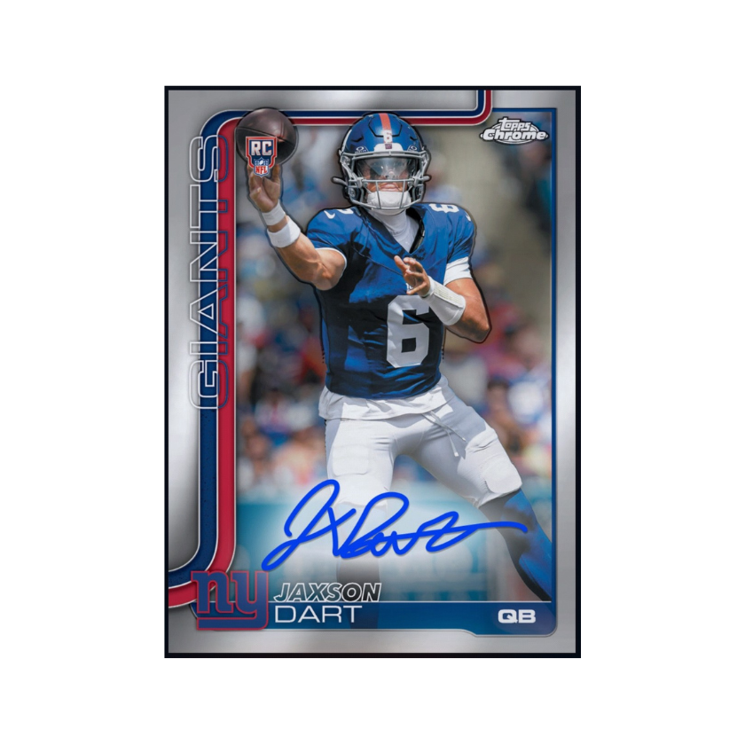 Jaxson Dart featured on a 2025 Topps Chrome autograph rookie collectible available through a physical redemption card.