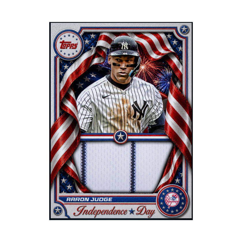 Front of 2026 Aaron Judge Topps Independence Day jersey patch rare card