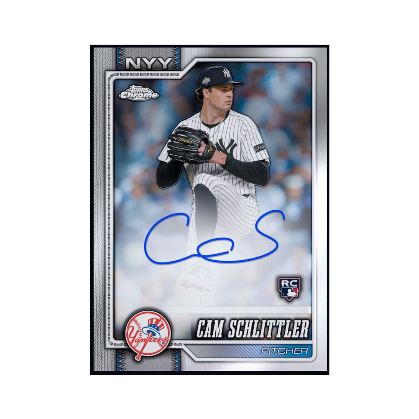 Cam Schlittler featured on a 2026 Topps Chrome Baseball autograph rookie card for baseball fans and collectors.