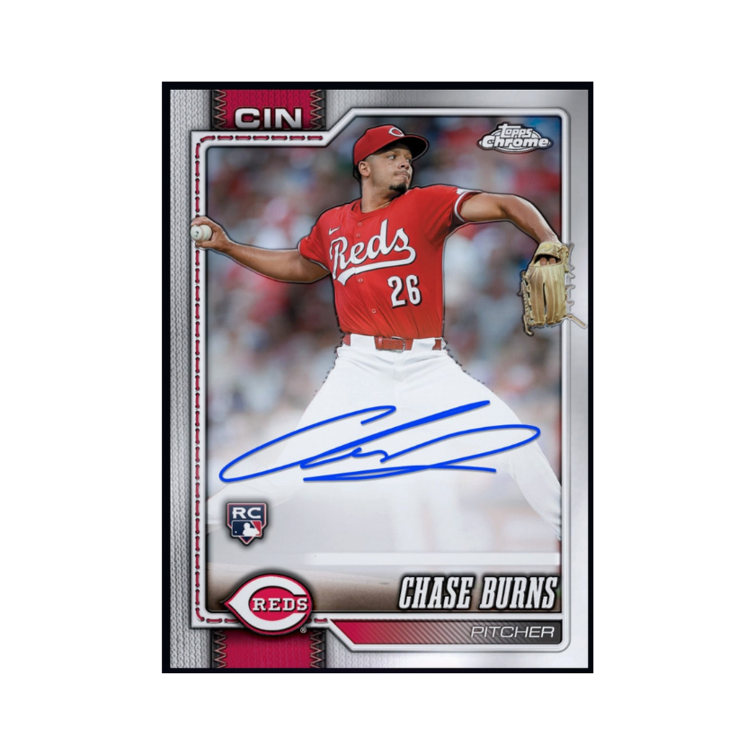 Chase Burns featured on a 2026 Topps Chrome Baseball rookie autograph card for collectors and baseball fans.