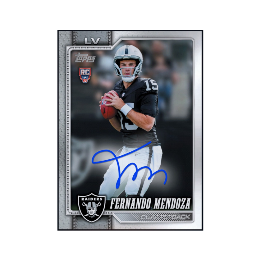 Fernando Mendoza featured on a 2026 Topps Flagship Football autograph rookie collectible available through a physical redemption card.