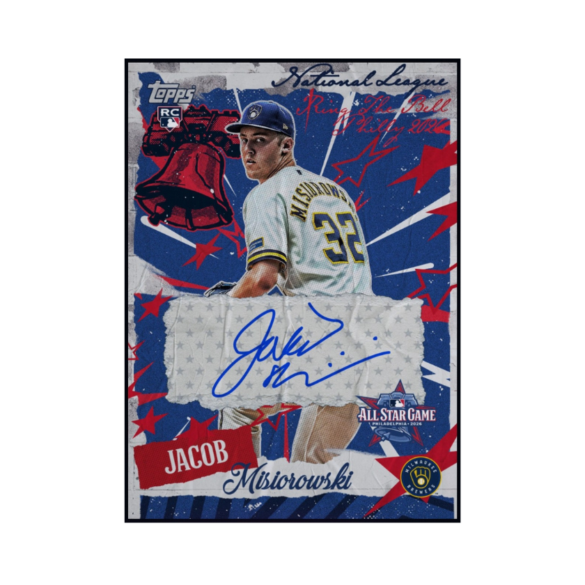 Jacob Misiorowski featured on a 2026 Topps All-Star Game autograph rookie card collectible.