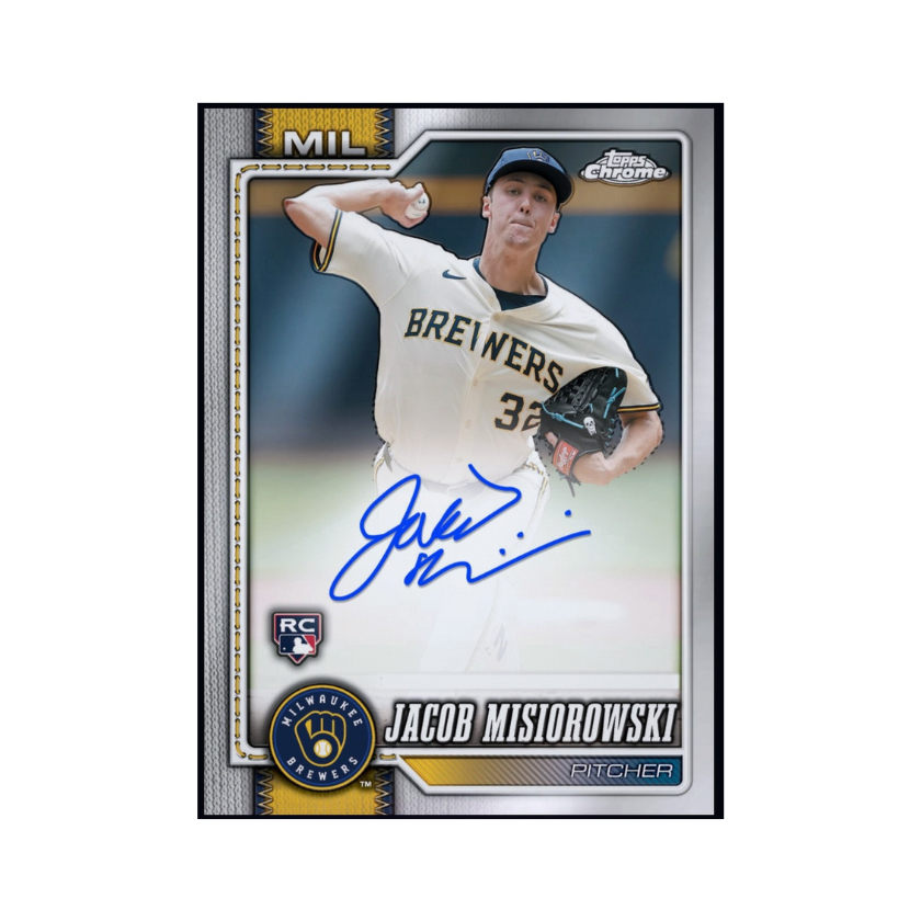 Jacob Misiorowski featured on a 2026 Topps Chrome Baseball autograph rookie card for baseball fans and collectors.