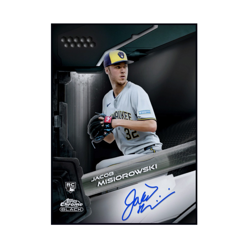 Front of 2026 Jacob Misiorowski Topps Chrome Black Autograph rookie card