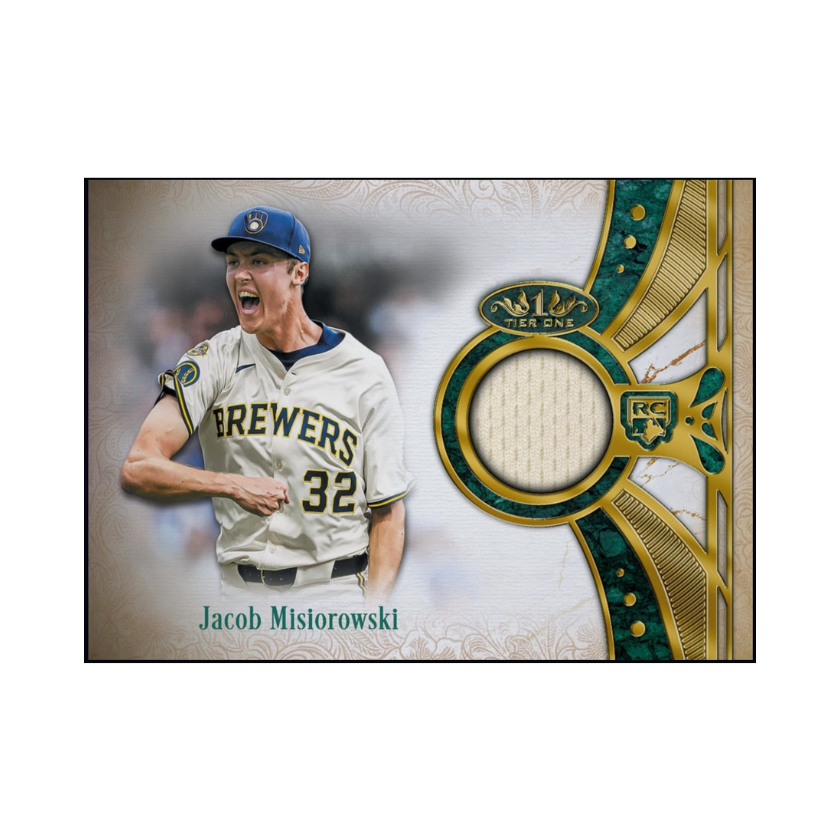 Jacob Misiorowski featured on a 2026 Topps Tier One jersey patch rookie collectible available through a physical redemption card.