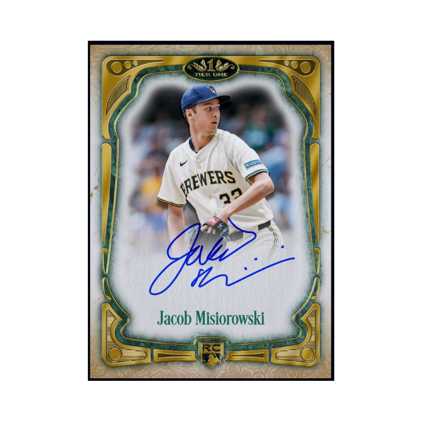 Jacob Misiorowski featured on a 2026 Topps Tier One autograph rookie collectible offered through a physical redemption card.