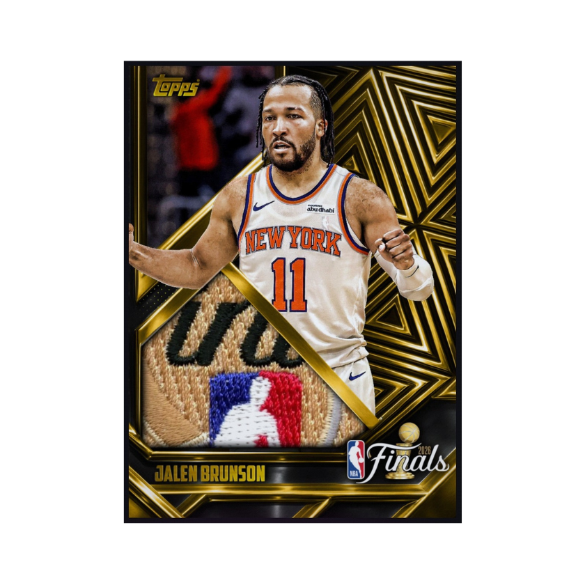 Jalen Brunson featured on a 2026 Champions jersey patch collectible available through a physical redemption card.