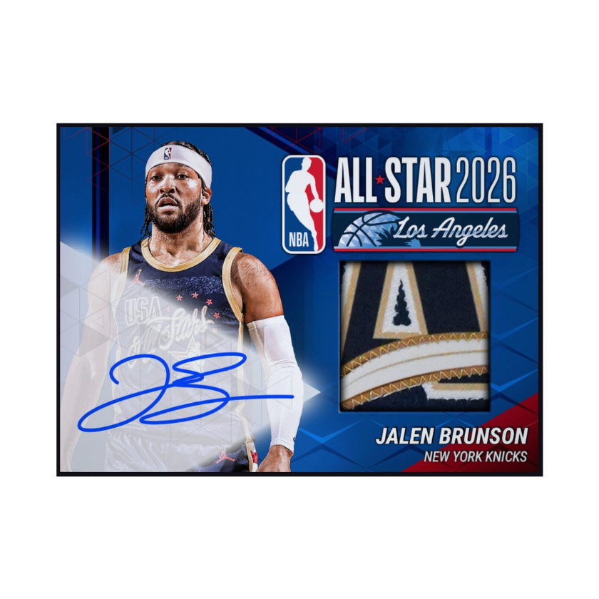 Front of 2026 Jalen Brunson Topps All-Star Game jersey patch autograph rare card