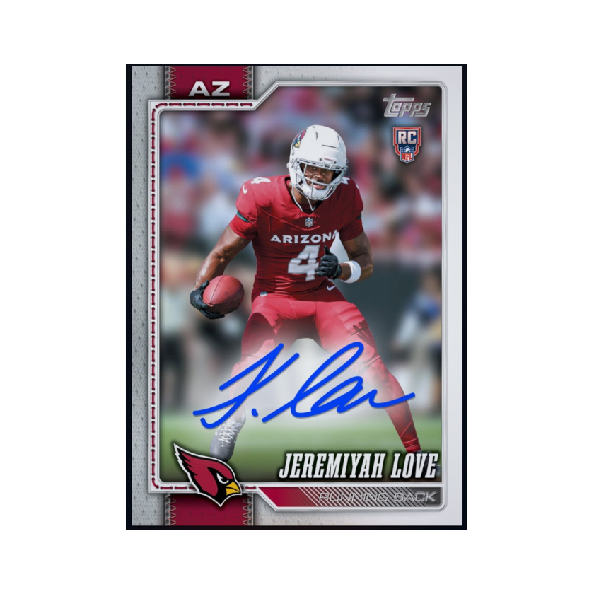 Jeremiyah Love featured on a 2026 Topps Flagship Football autograph rookie collectible available through a physical redemption card.