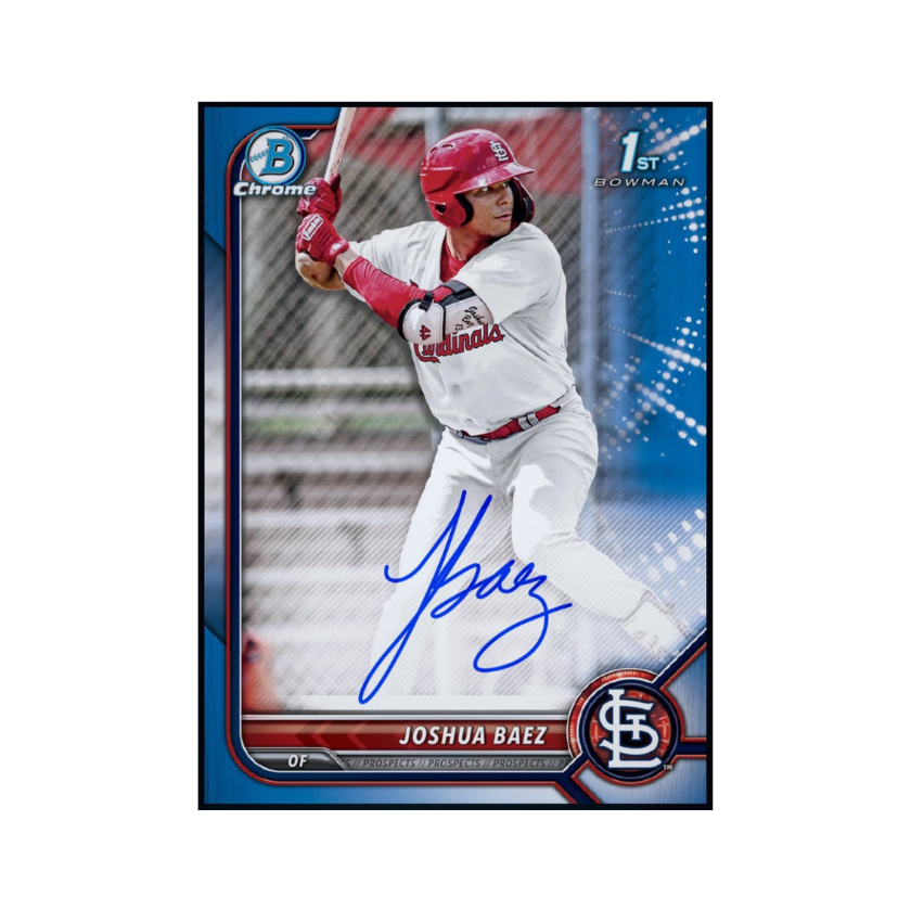 Front of 2026 Joshua Baez Topps 1st Bowman Chrome Blue Autograph Rare Redemption Card