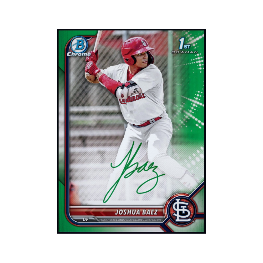 Front of 2026 Joshua Baez Topps 1st Bowman Chrome Prospect Green Autograph Rare Card