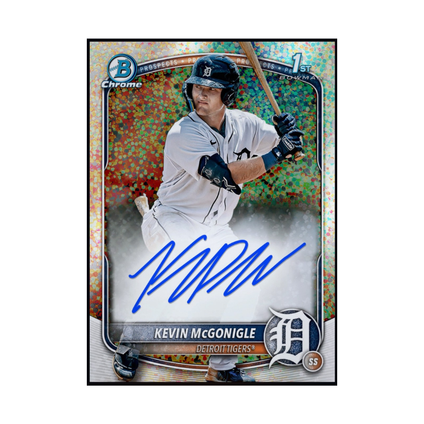 Front of 2026 Kevin McGonigle Topps Bowman 1st Speckle Chrome Prospect Signature redemption card