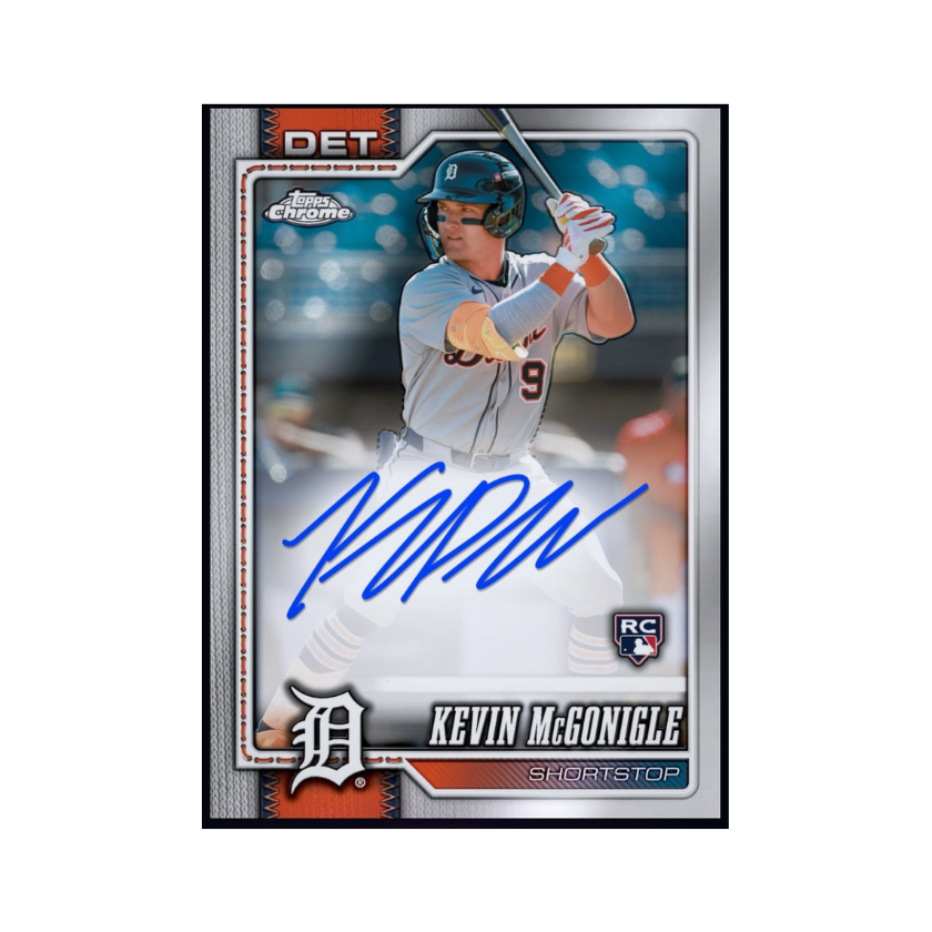 Kevin McGonigle featured on a 2026 Topps Chrome Baseball autograph rookie collectible available through a physical redemption card