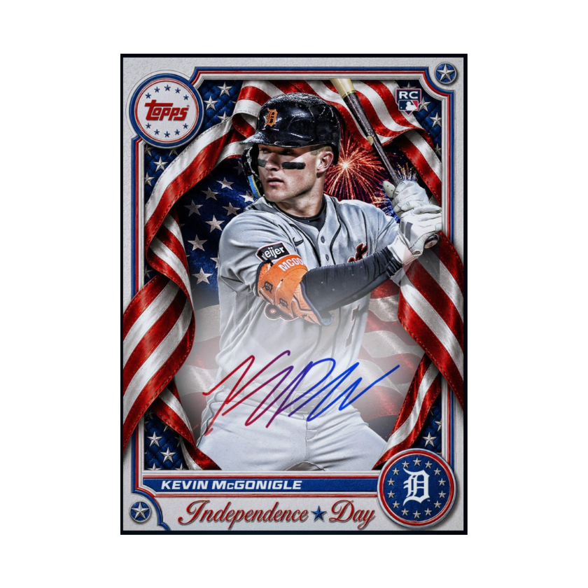 Front of 2026 Kevin McGonigle Topps Independence Day autograph rookie redemption card