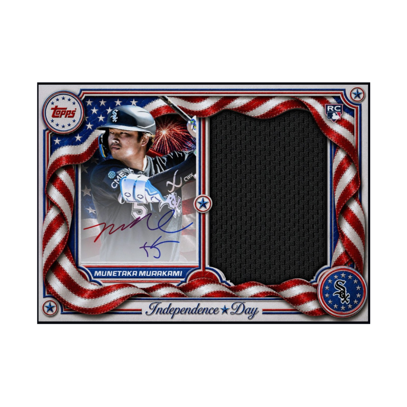 Front of 2026 Munetaka Murakami Topps Independence Day rookie patch autograph redemption card