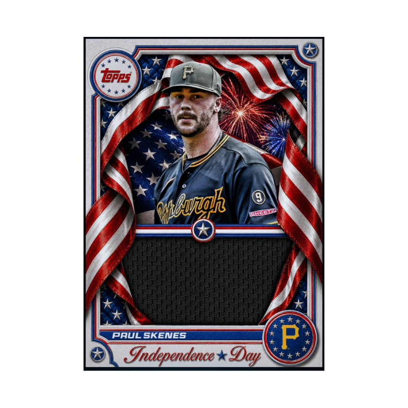 Front of 2026 Paul Skenes Topps Independence Day jersey patch rare card