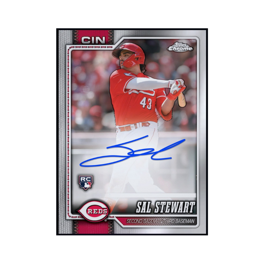 Sal Stewart featured on a 2026 Topps Chrome Baseball autograph rookie collectible available through a physical redemption card.