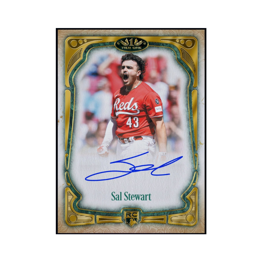 Sal Stewart featured on a 2026 Topps Tier One autograph rookie collectible available through a physical redemption card.