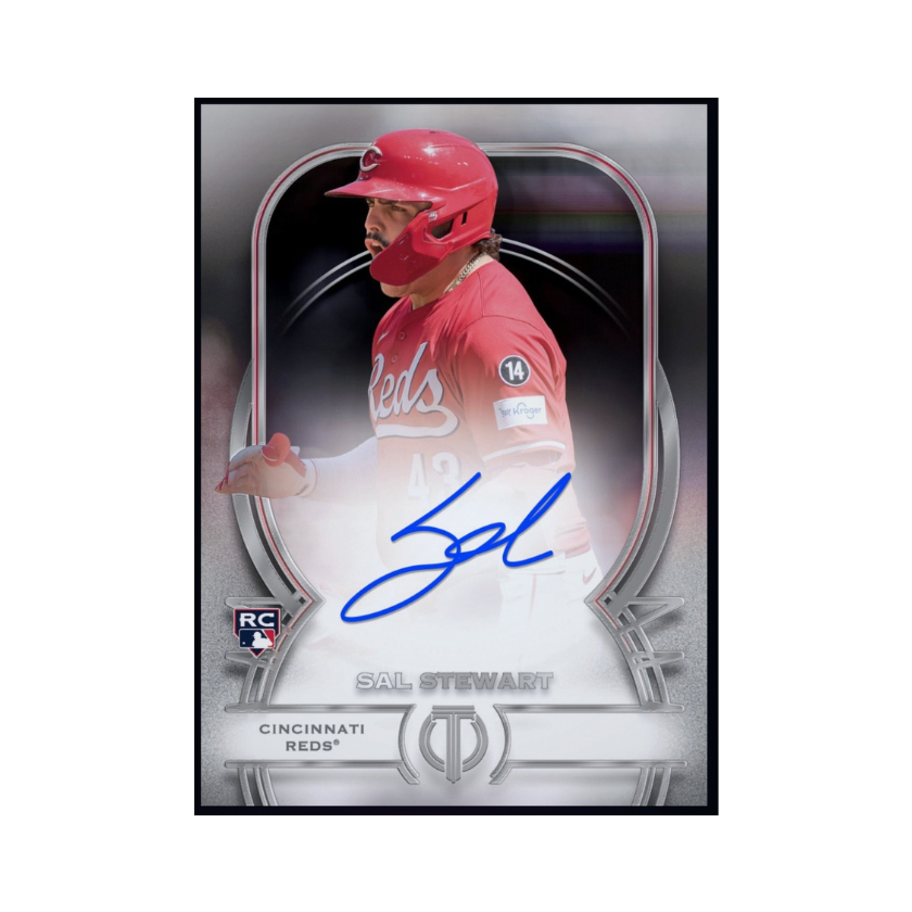 Sal Stewart featured on a 2026 Topps Tribute autograph rookie collectible available through a physical redemption card.
