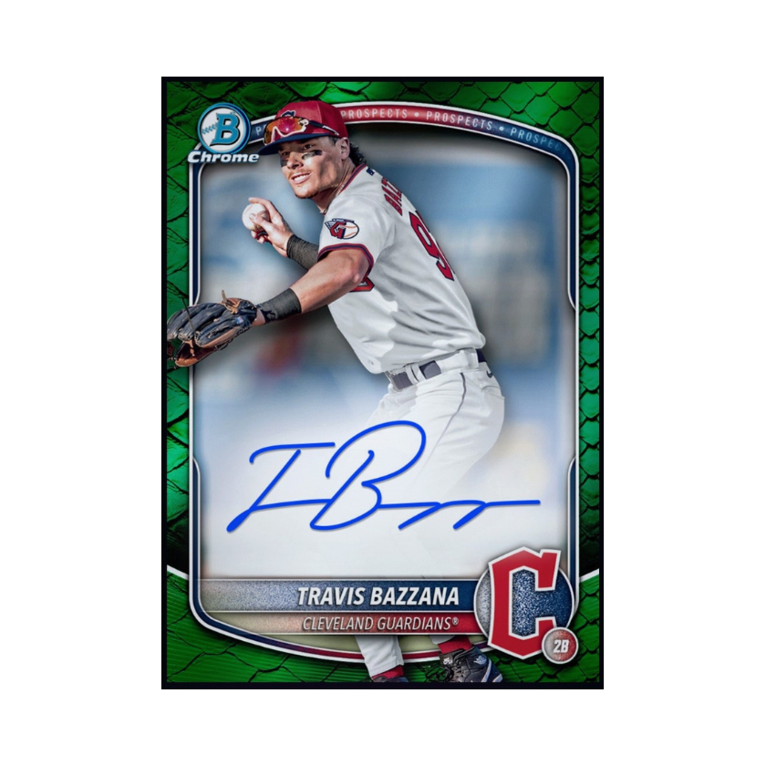 Travis Bazzana featured on a green Bowman prospect rookie signature collectible available through a physical redemption card.