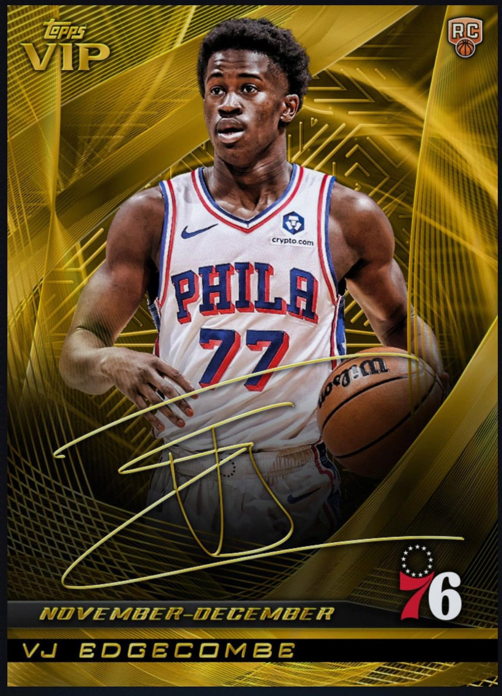 Close-up detailing of the 2026 VJ Edgecombe Topps VIP Rookie Autograph Rare RC card showing premium card features