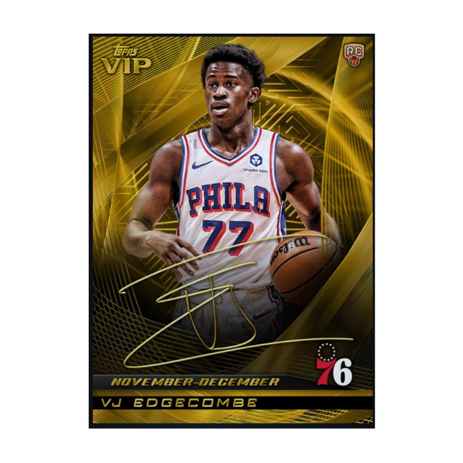 Front view of the 2026 VJ Edgecombe Topps VIP Autograph Rookie Rare RC card with bold autograph design.