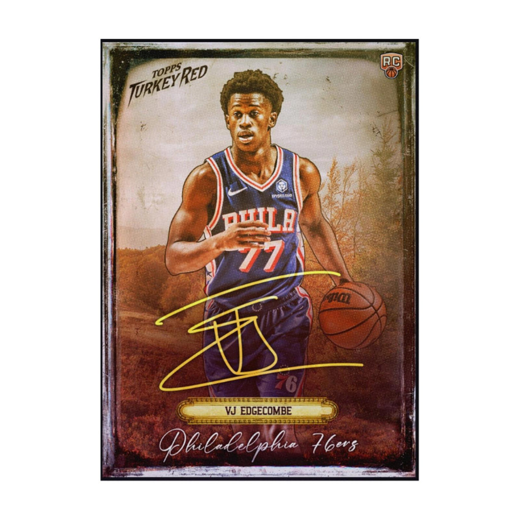 Front view of the 2026 VJ Edgecombe Topps Turkey Red Rookie Autograph Rare RC Card featuring autograph artwork.