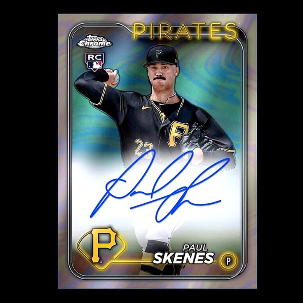 Paul Skenes with an autograph, the Pirates logo, and Topps Chrome branding.