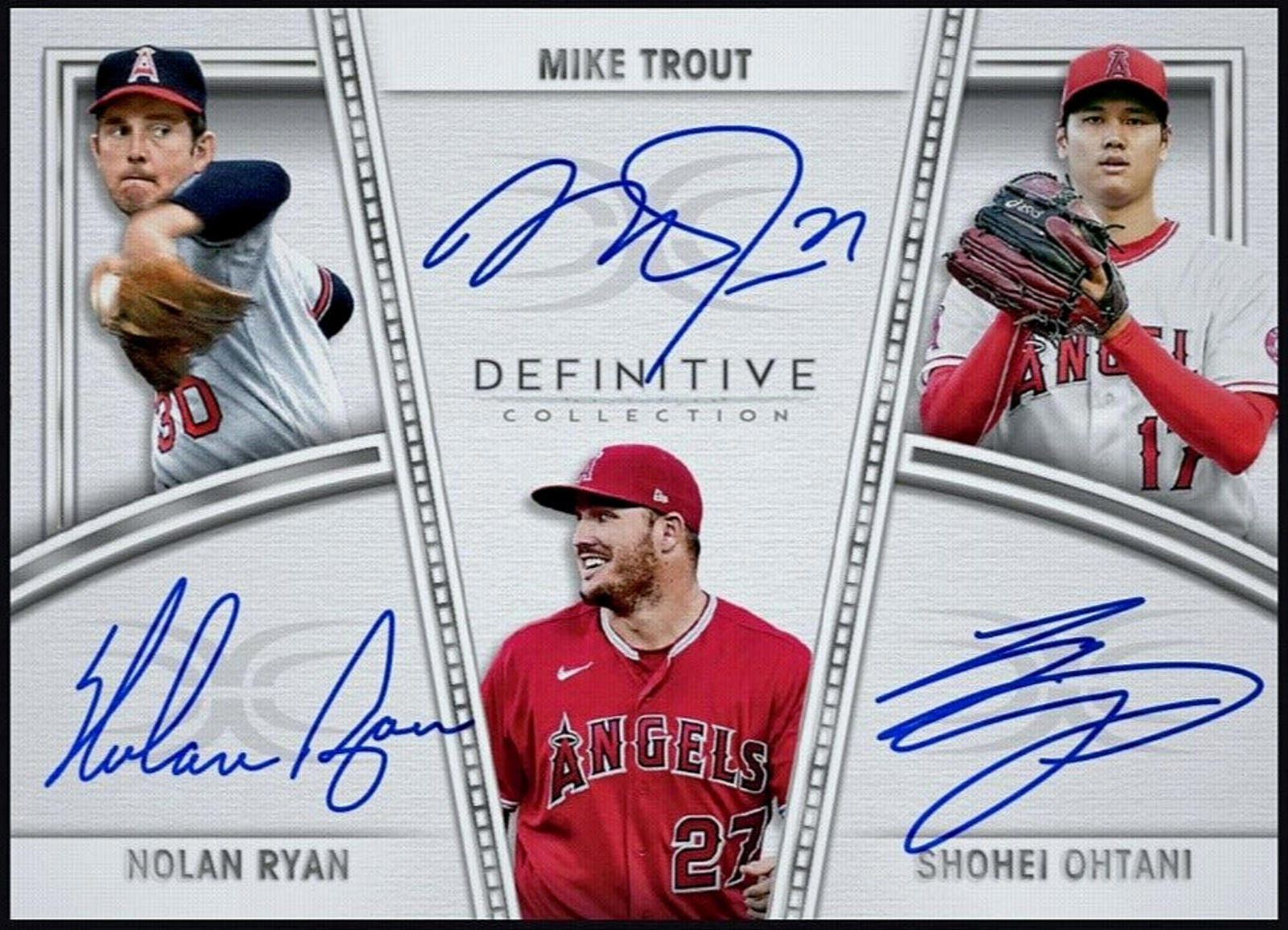 Baseball trading card featuring Mike Trout, Nolan Ryan, and Shohei Ohtani with autographs and team logos.