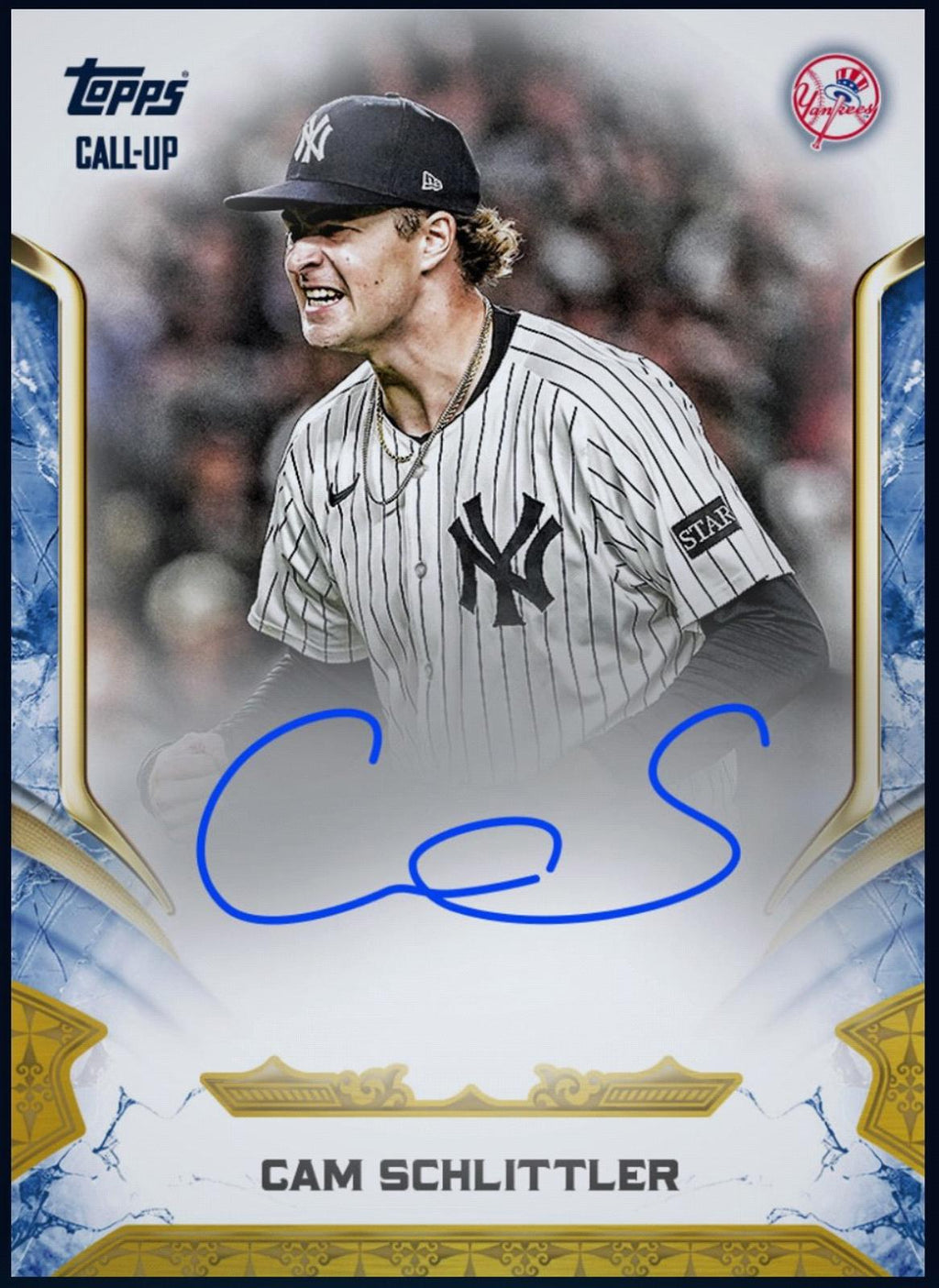 Close-up of 2025 Cam Schlittler Topps Reverence Autograph Rookie RC Rare Yankees Baseball Card