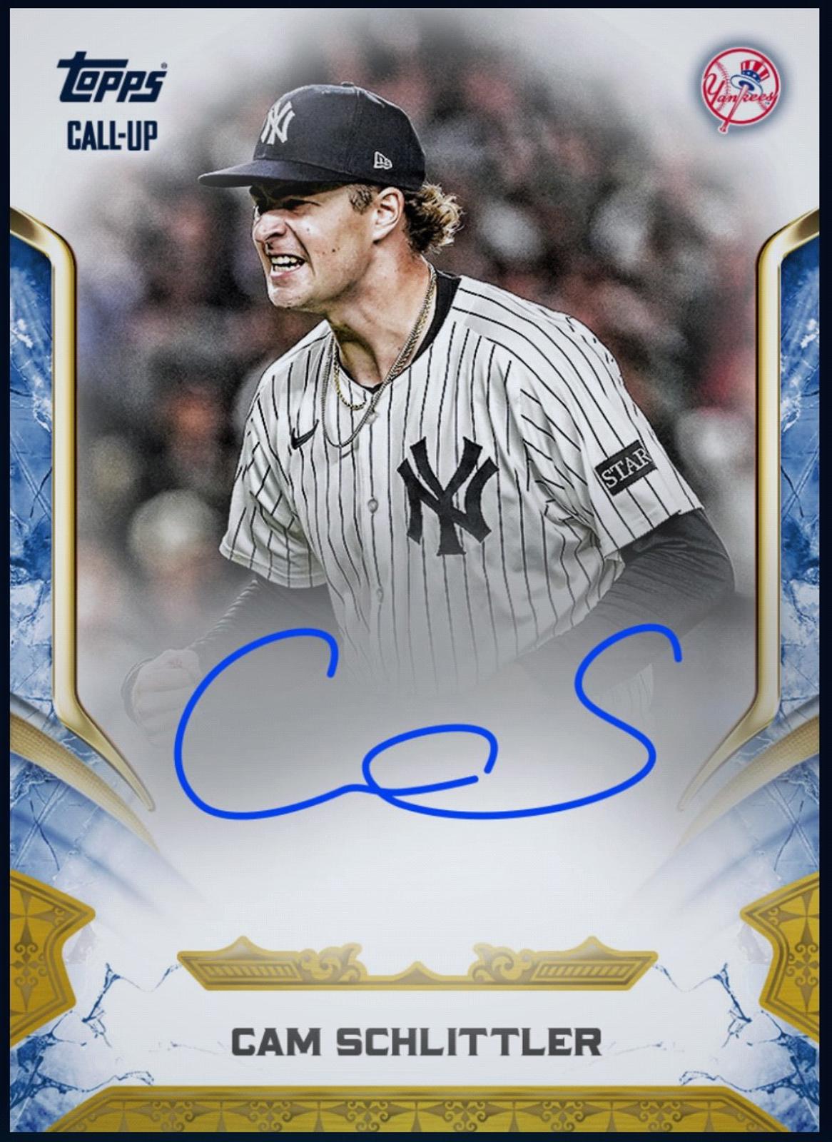 Close-up of 2025 Cam Schlittler Topps Reverence Autograph Rookie RC Rare Yankees Baseball Card