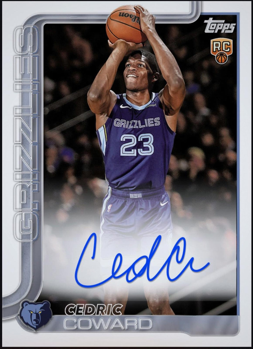 Close-up of 2026 Cedric Coward Topps Flagship Rookie Autograph RC Rare redemption-style card.