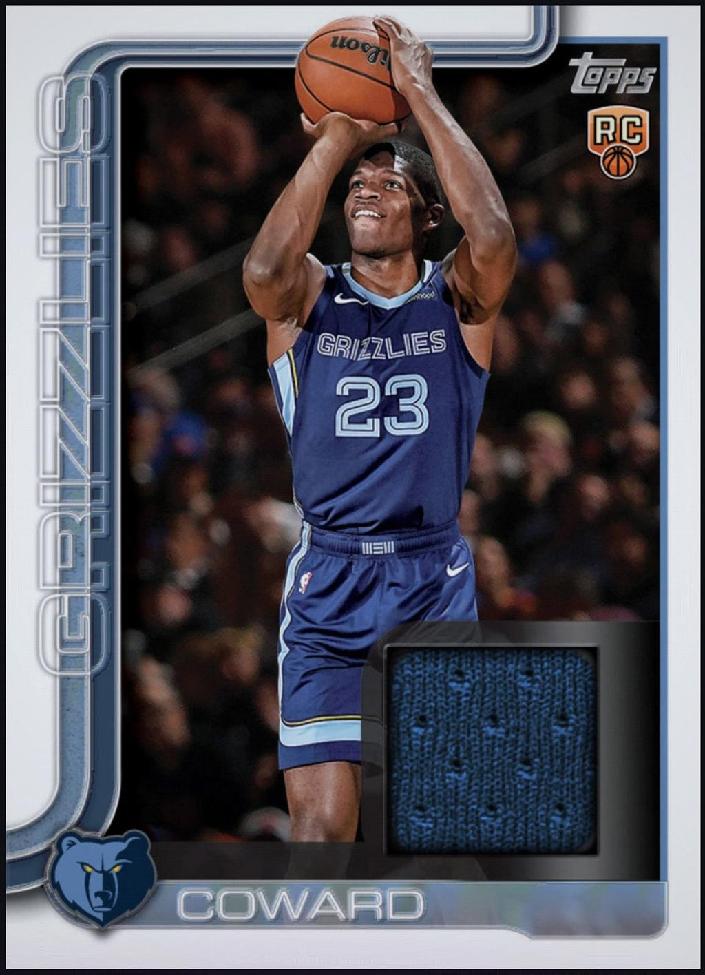 Close-up of 2026 Cedric Coward Topps Flagship Rookie Jersey Patch RC Rare card.