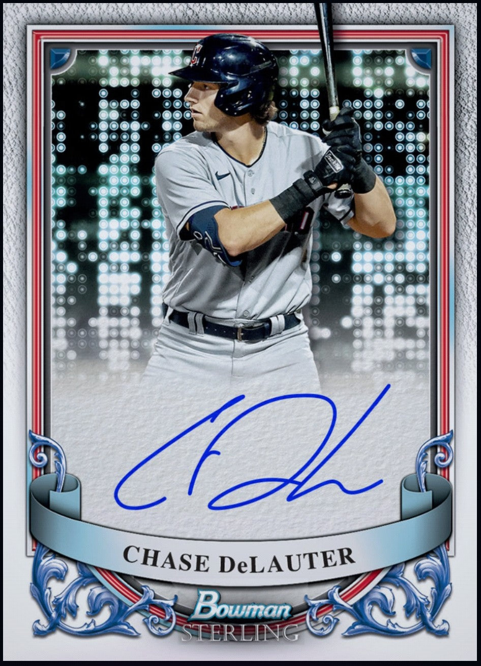Close-up of rare Chase DeLauter Topps Bowman prospect autograph rookie redemption card.
